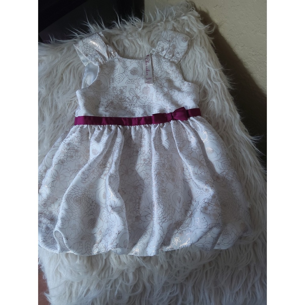 Cherokee Baby Girl White Gold Metallic Floral Bubble Hem Party Dress 12M